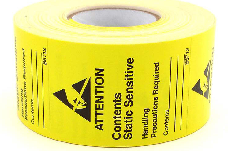 thumbnail image 2 of ESD Caution Electrostatic Sensitive Labels - 500 Pack, 2x2 Inch, Yellow With Black Text, Self-Adhesive, Made In USA 2 of 4